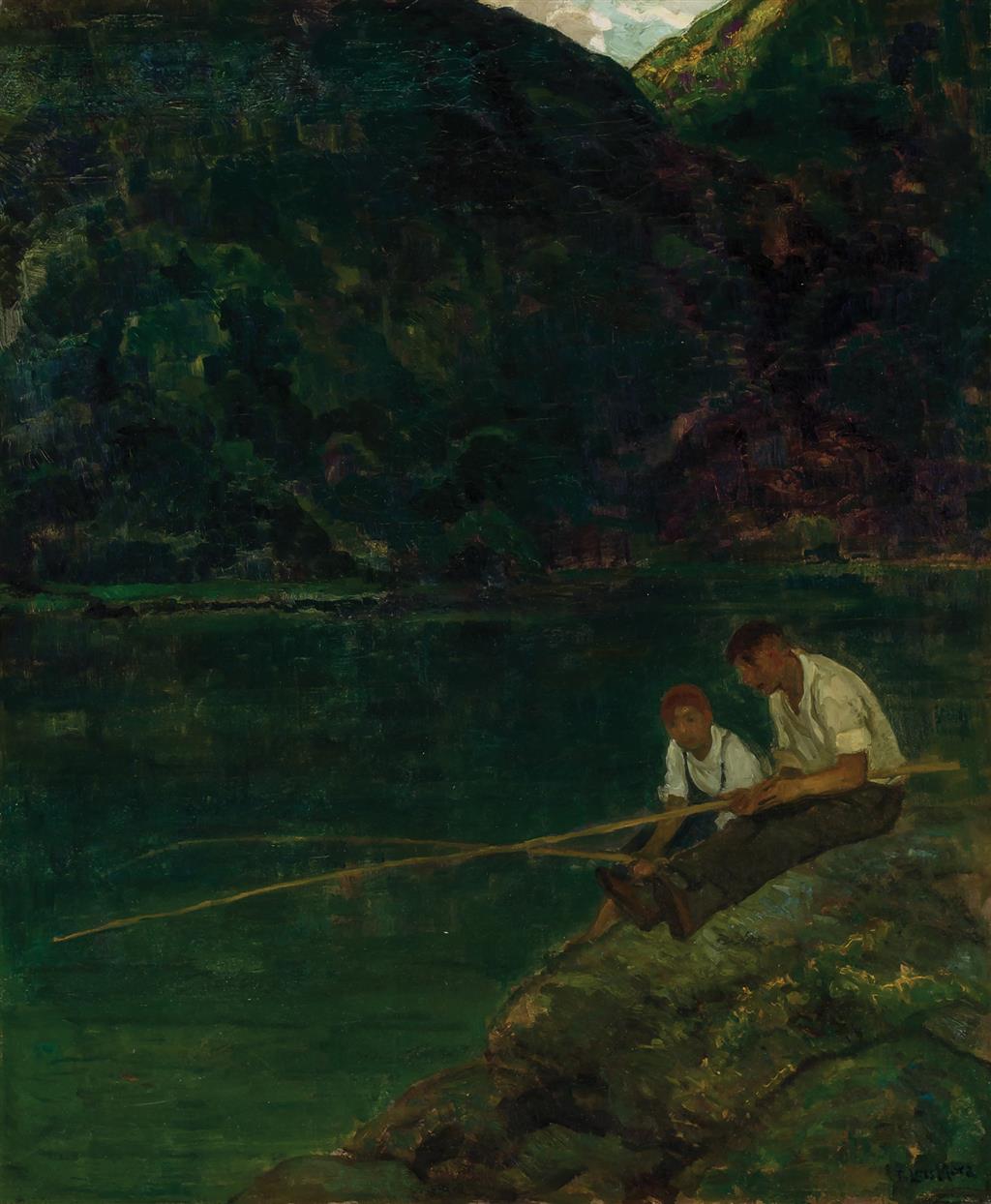 Appraisal: F LUIS MORA American - Boys Fishing oil on canvas