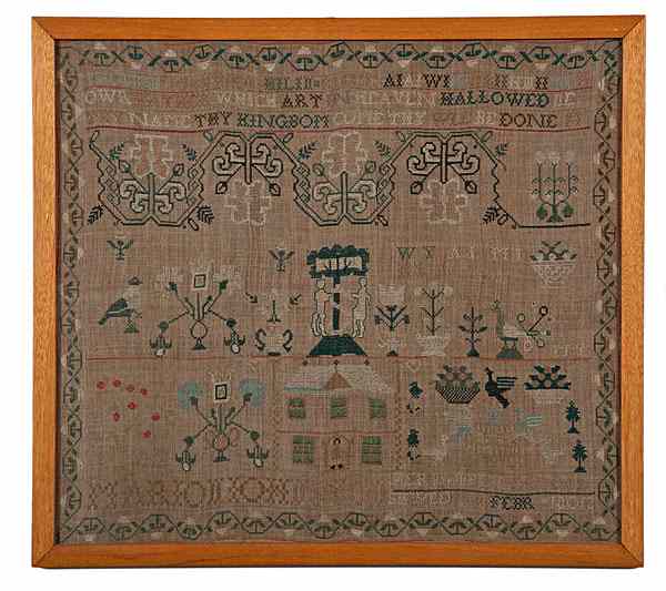 Appraisal: American Sampler with Architecture Figures Probably American dated Our Father