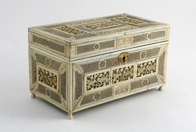 Appraisal: A Chinese ivory veneered rectangular tea chest decorated with reticulated