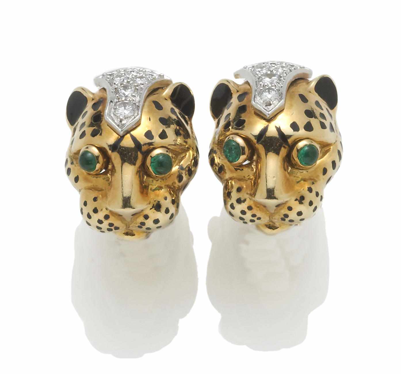 Appraisal: A pair of enamel diamond and emerald panther head earrings