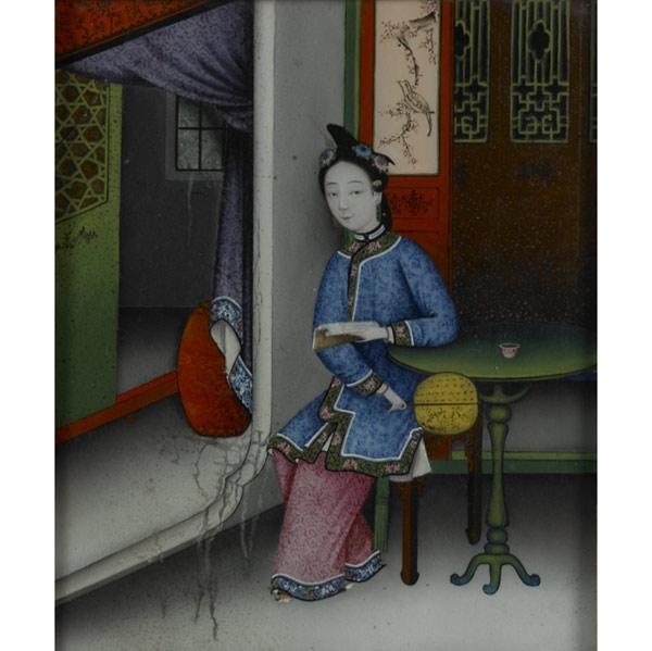 Appraisal: CHINESE EXPORT PAINTING Depicting a woman with fan on glass