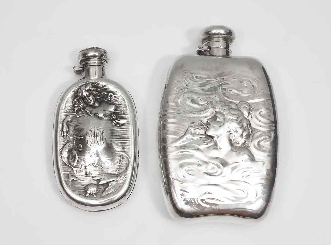 Appraisal: ART NOUVEAU STERLING SILVER FLASKS To include Smoking woman Unger