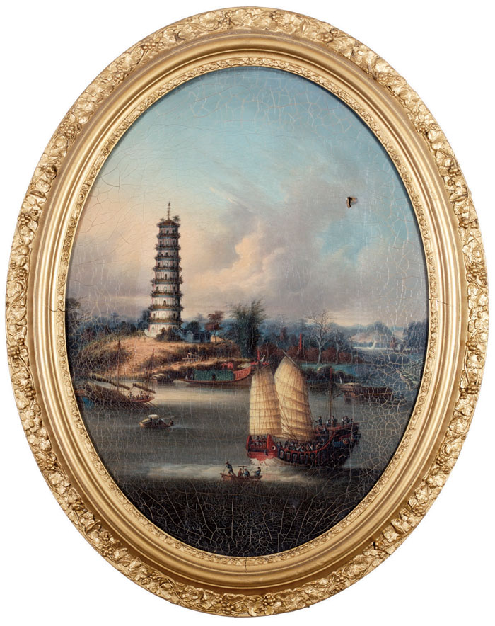 Appraisal: CHINA TRADE OVAL PAINTING OF THE NINE-STAGE PAGODA AT WHAMPOA