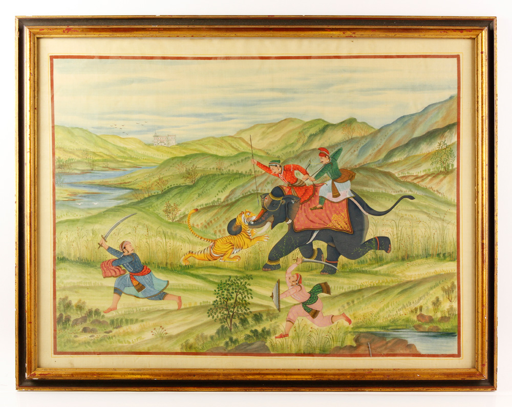 Appraisal: - Persian Painting Persian painting depicting a tiger attack h