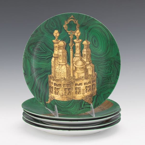 Appraisal: PIERO FORNASETTI MALACHITE GREEN PLATES WITH GOLD DESIGNS AND Porcelain