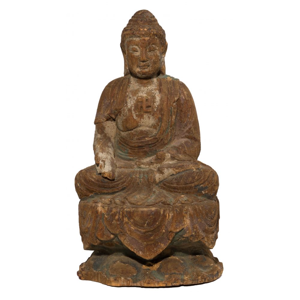 Appraisal: CHINESE CARVED WOOD BUDDHA FIGUREFrom a single piece of wood