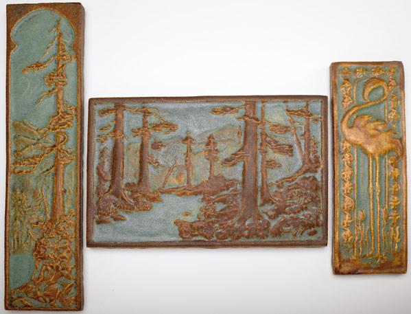 Appraisal: CALIFORNIA CLAY PRODUCTS CALCO Three tiles covered in verdigris and