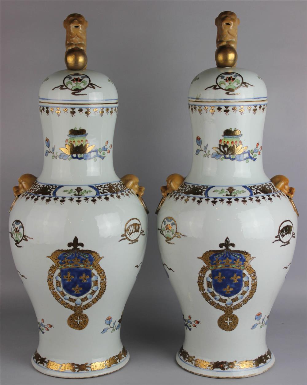 Appraisal: PAIR OF CHINESE EXPORT STYLE ROYAL ARMORIAL BALUSTER VASES AND