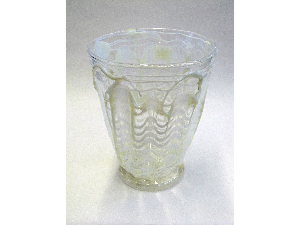 Appraisal: Clear glass bucket shaped vase with onlaid vaseline glass trailed