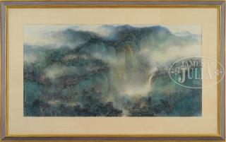 Appraisal: TWO FRAMED WATERCOLOR LANDSCAPES th century China The first depicting