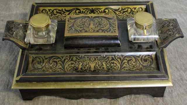 Appraisal: th Century French Boulle Double Inkwell Nice large size some