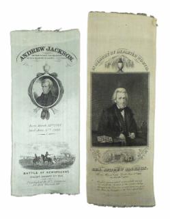 Appraisal: Andrew Jackson Portrait ribbons printed on silk Comprises Oval portrait