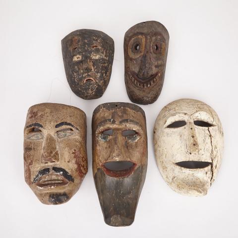 Appraisal: Group of Five Carved and Painted Wood Figurative Masks th