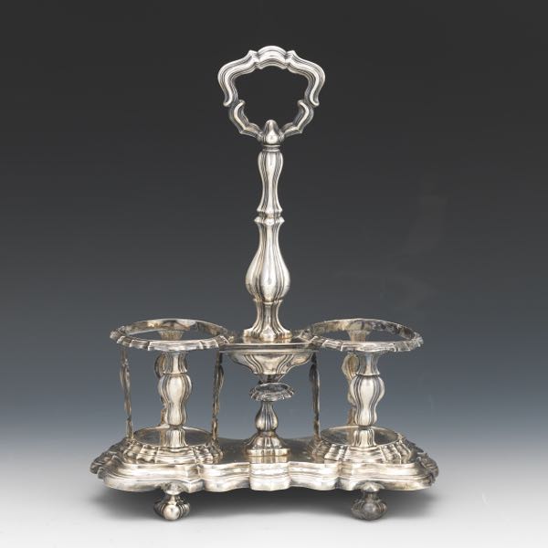 Appraisal: FRENCH SILVER CRUET HOLDER H x W x silver cruet