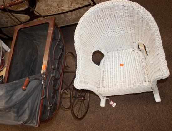 Appraisal: Victorian style baby tram and a painted wicker child's rocker