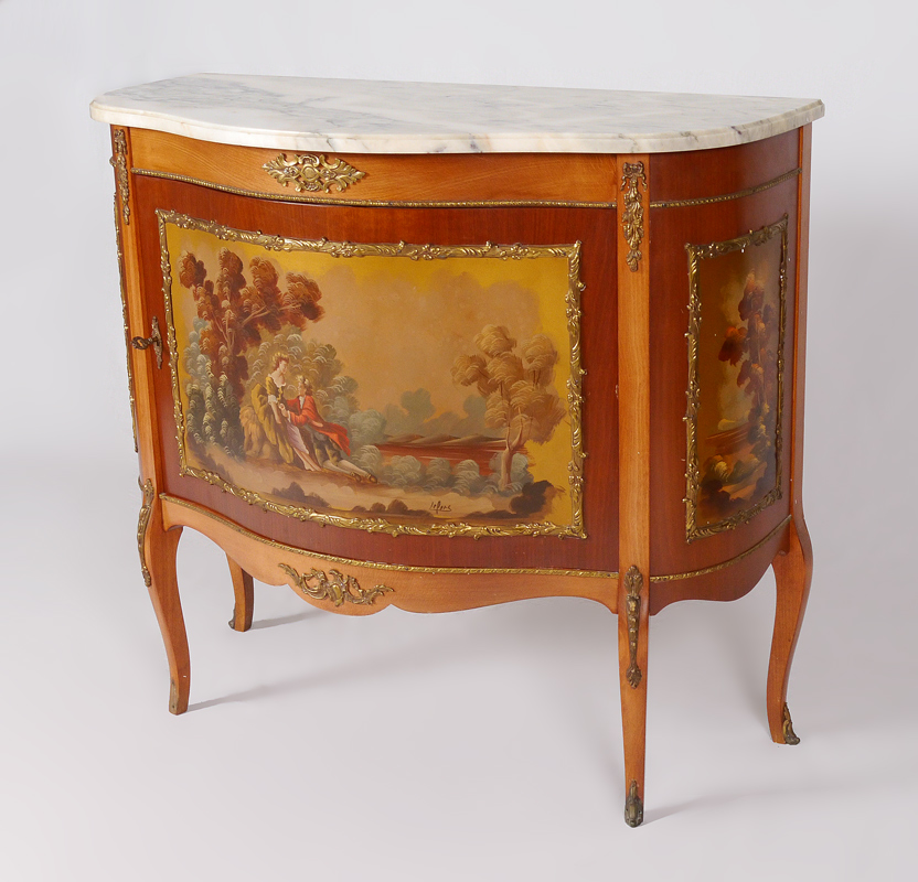 Appraisal: SERPENTINE MARBLE TOP PAINT DECORATED COMMODE Serpentine variegated marble top