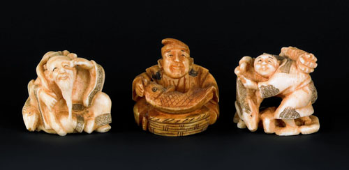 Appraisal: Three Japanese carved ivory netsuke th c to include a