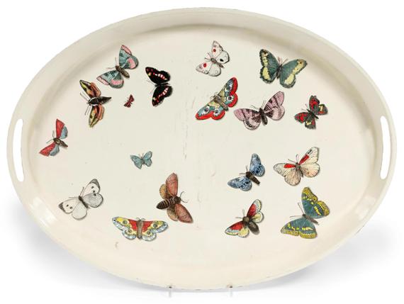 Appraisal: FORNASETTI TRAY Lacquered metal Fornasetti label Inscribed on a butterfly