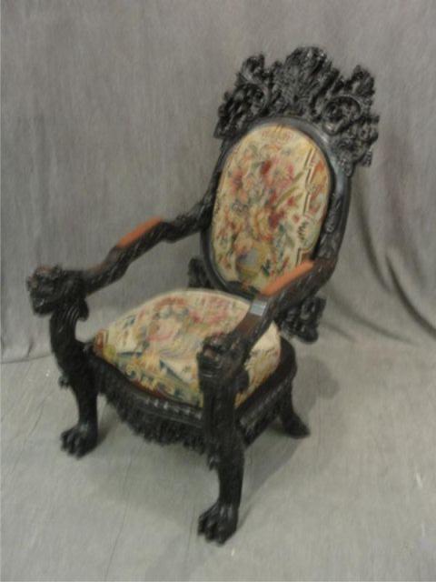 Appraisal: Highly Carved Black Lacquer Asian Style Chair with Foo Lions