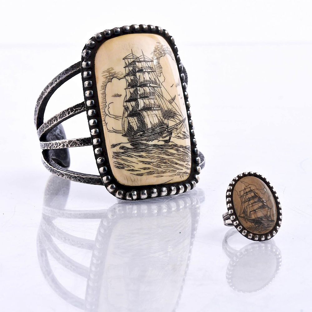 Appraisal: NATIVE AMERICAN SCRIMSHAW SAILBOAT SILVER CUFF AND RING Total weight