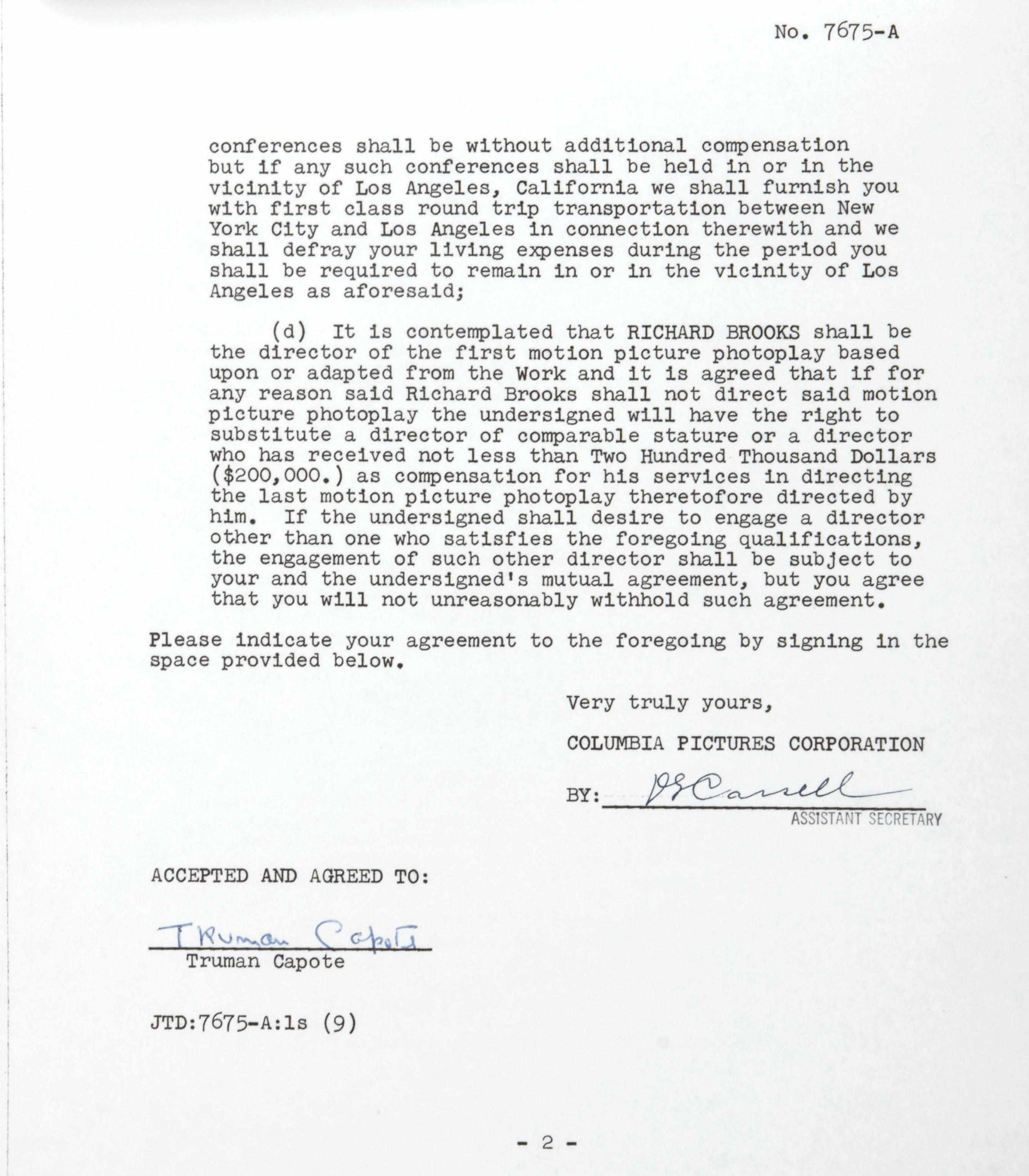 Appraisal: CAPOTE TRUMAN Document Signed ''Truman Capote'' pp to Beverly Hills