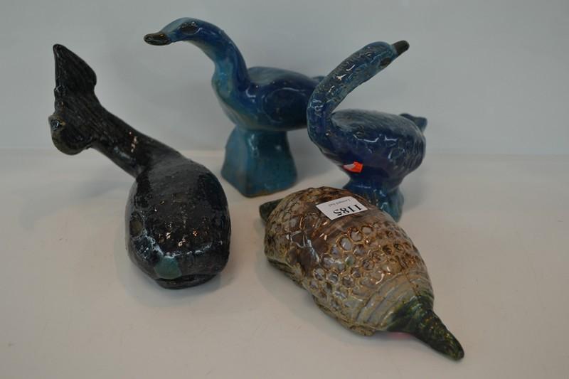 Appraisal: GROUP OF FOUR POTTERY ANIMAL FIGURES INCL TWO DUCKS TURTLE