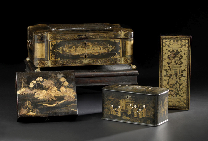 Appraisal: English Black Lacquered White Enameled and Parcel-Gilt Double-Compartment Papier-Mache Tea