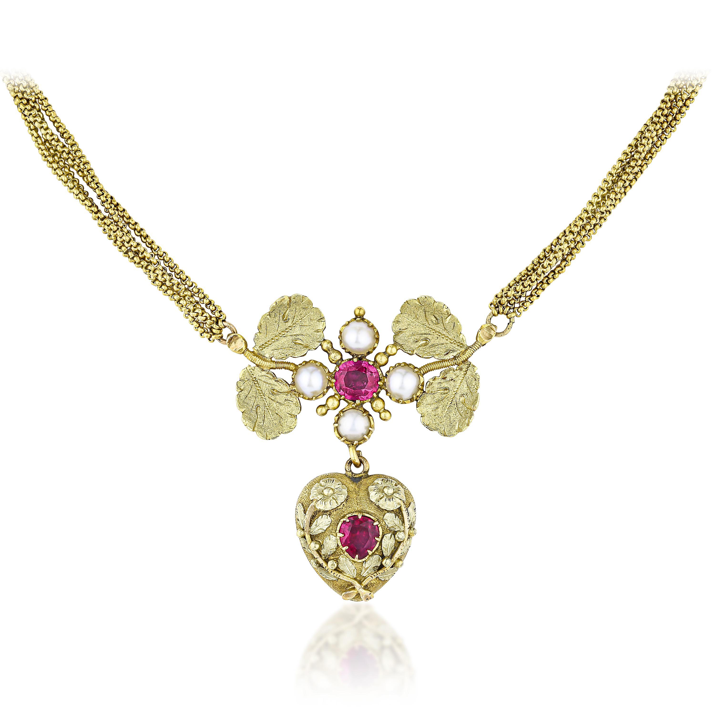 Appraisal: RUBY AND PEARL HEART LOCKET NECKLACE METAL K yellow gold