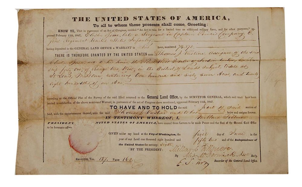 Appraisal: President Millard Fillmore Autographed Land Patent President Millard Fillmore Autographed