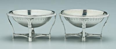 Appraisal: George III English silver master salts oval bowls with gadroon