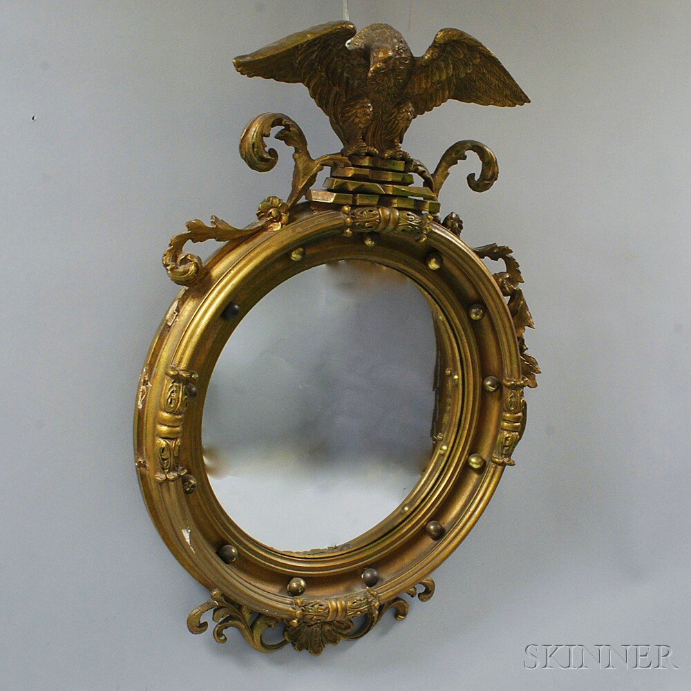 Appraisal: Federal-style Gilt-gesso and Wood Convex Girandole Mirror with Eagle Crest