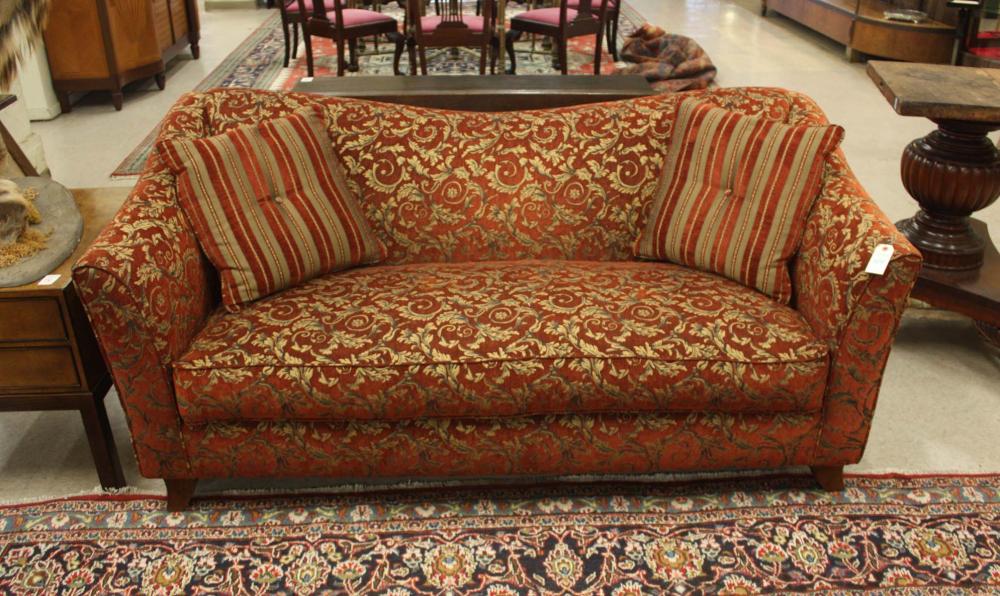 Appraisal: CONTEMPORARY CUSTOM SOFA acanthus tapestry and red corduroy upholstery H