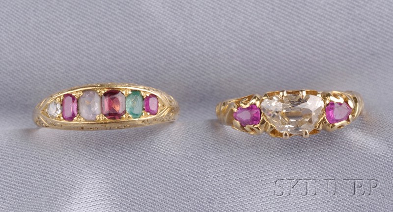 Appraisal: Two Antique Gem-set Rings an old mine-cut diamond flanked by