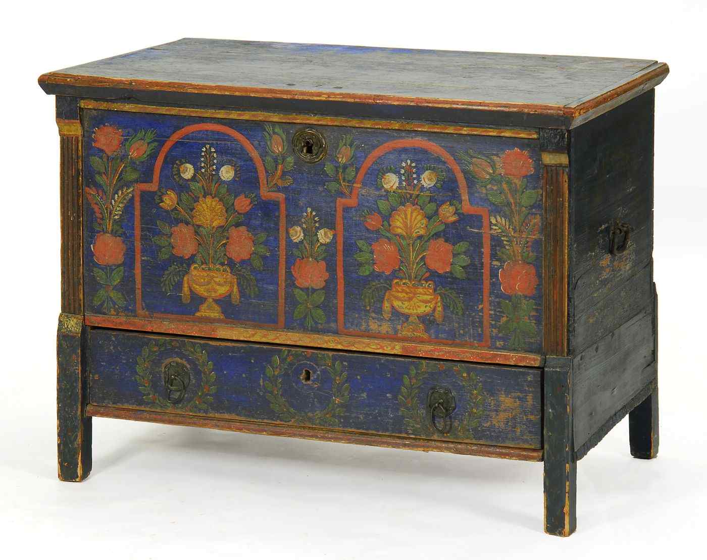 Appraisal: ANTIQUE LIFT-TOP BLANKET CHESTProbably Swedish th CenturyCase in blue paint