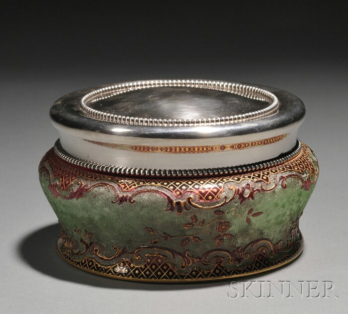 Appraisal: Silver Covered Glass Jar Enameled glass and silver Attributed to