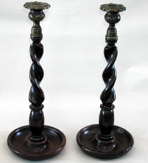 Appraisal: Tall Pair of Scottish Brass-Mounted Barley-Twist Oak Candlesticks fourth quarter