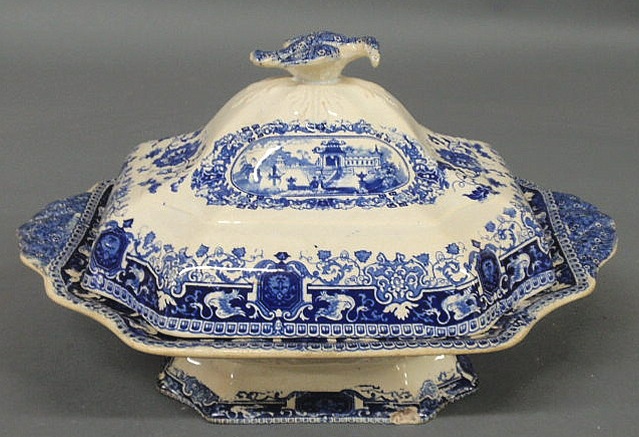 Appraisal: English china covered dish with blue transfer decoration eagle finial