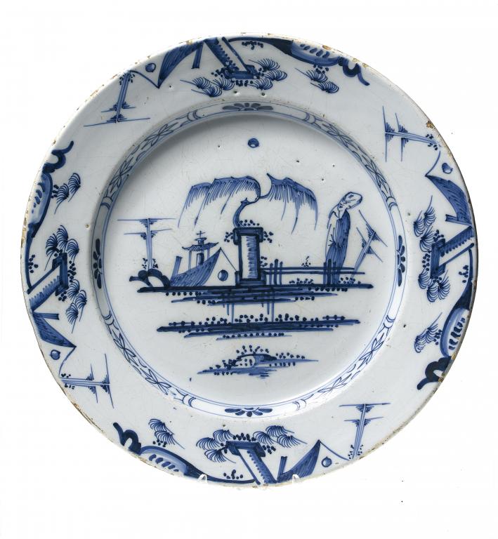 Appraisal: A DELFTWARE DISH PROBABLY LIVERPOOL painted in cobalt with an