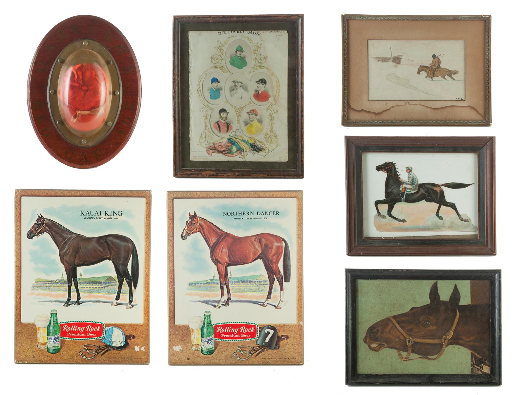 Appraisal: SEVEN FRAMED HORSE RELATED ITEMS American th century Two Rolling