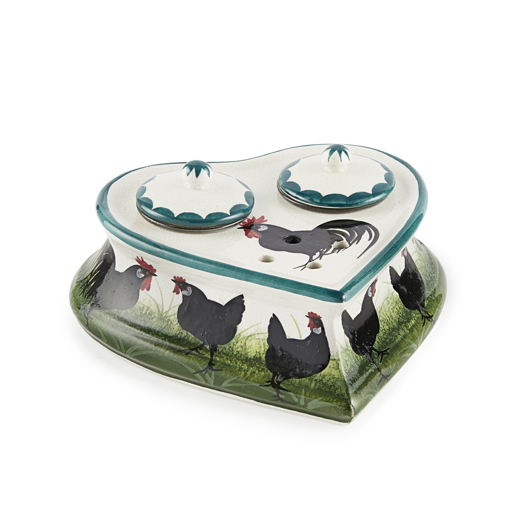 Appraisal: A WEMYSS WARE HEART-SHAPED INKSTAND 'BLACK COCKEREL HENS' PATTERN CIRCA