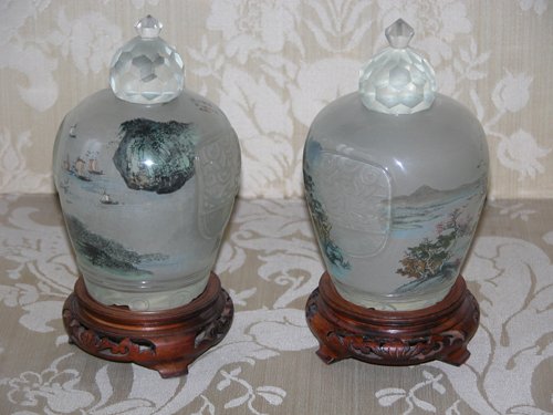 Appraisal: Title Pair Chinese Interior-Painted Jars on Custom stands Medium sandblasted