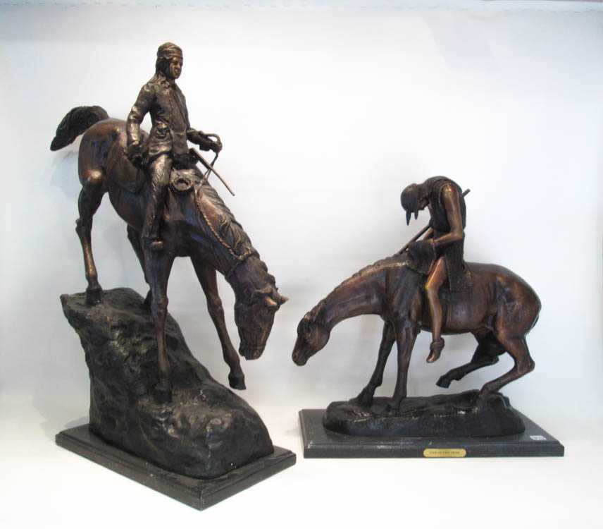 Appraisal: TWO PATINATED BRONZE SCULPTURES AFTER FREDERIC REMINGTON depicting figures on