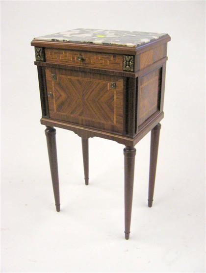 Appraisal: French mahogany and parquetry marble top side cabinet The rectangular