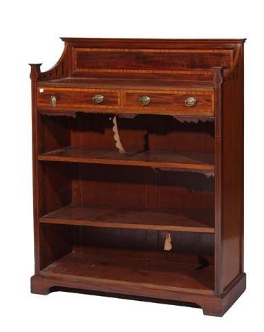 Appraisal: AN EDWARDIAN MAHOGANY AND INLAID OPEN BOOKCASE fitted two shelves