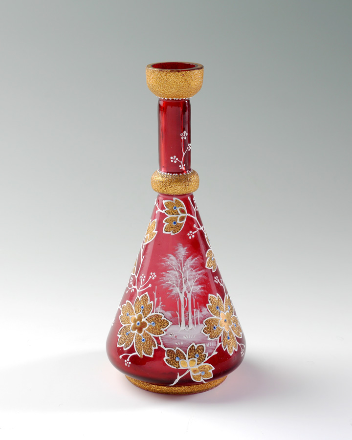 Appraisal: MOSER QUALITY RUBY ENAMELED DECANTER Ruby glass body white trees