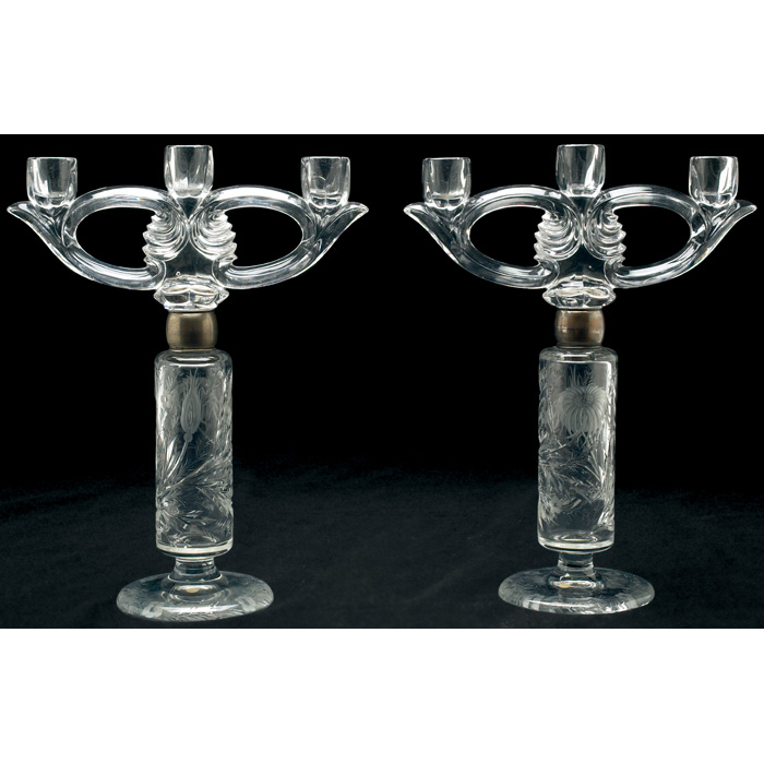 Appraisal: Hawkes candelabras pair cut and etched stem flowers and leaves