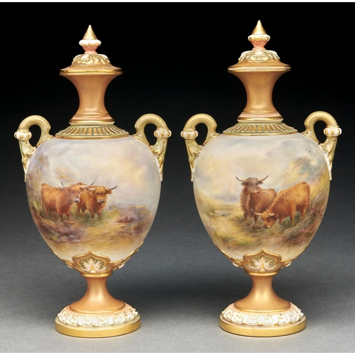 Appraisal: A pair of Royal Worcester vases and covers painted by