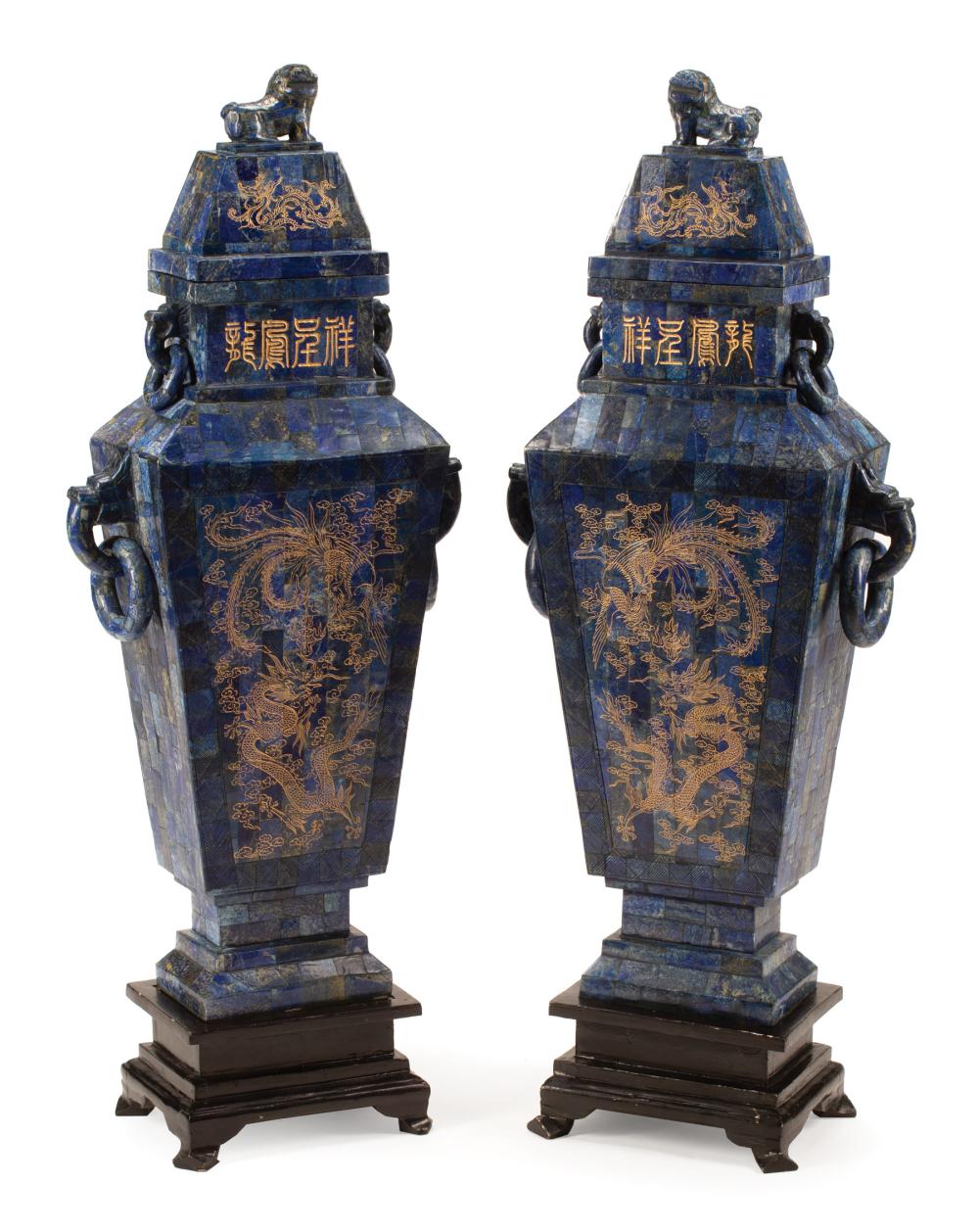 Appraisal: Large Modern Pair of Chinese Gilt Decorated Lapis Lazuli Veneered