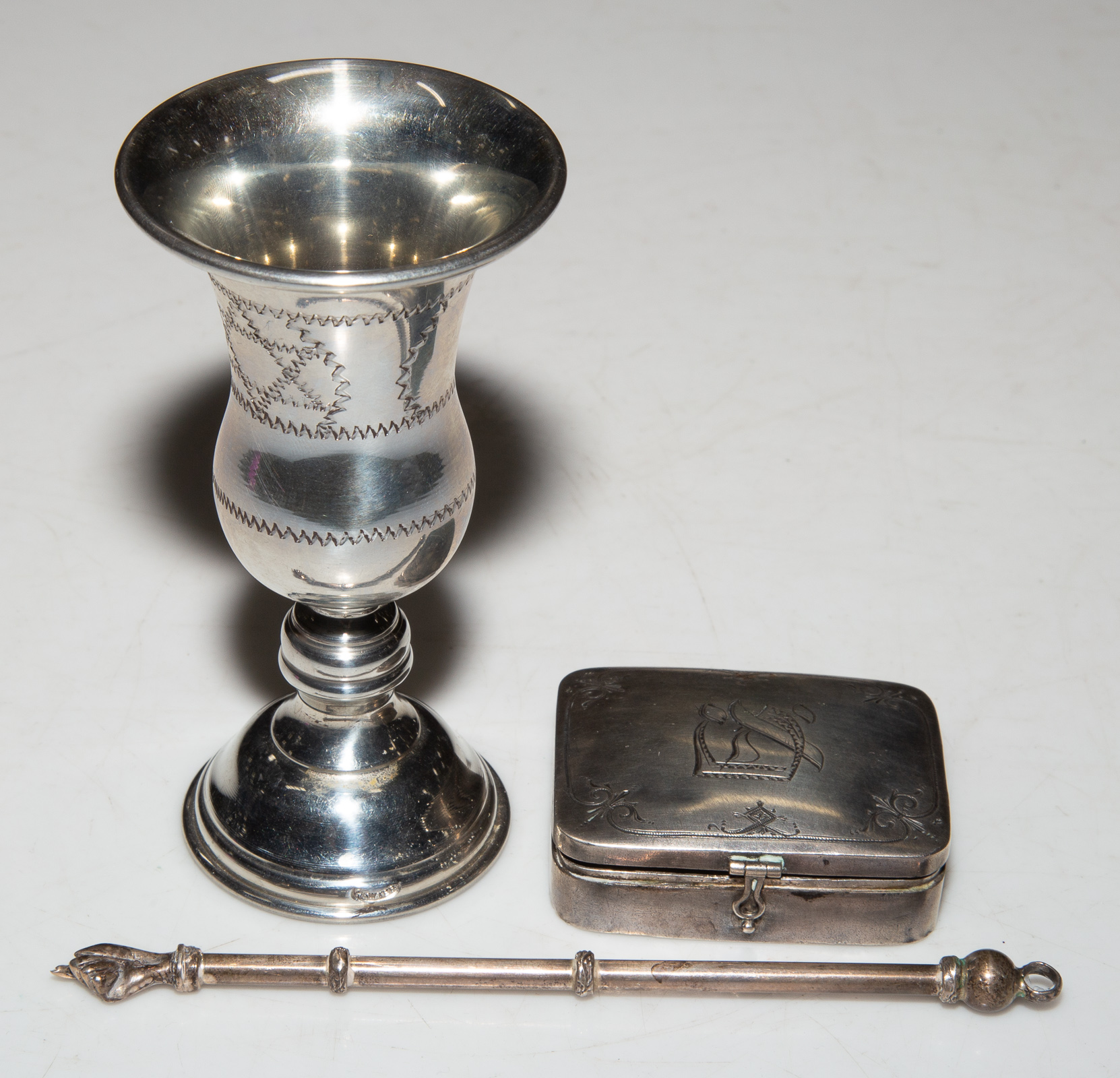 Appraisal: THREE PIECES JUDAICA Including a silver snuff box with AT