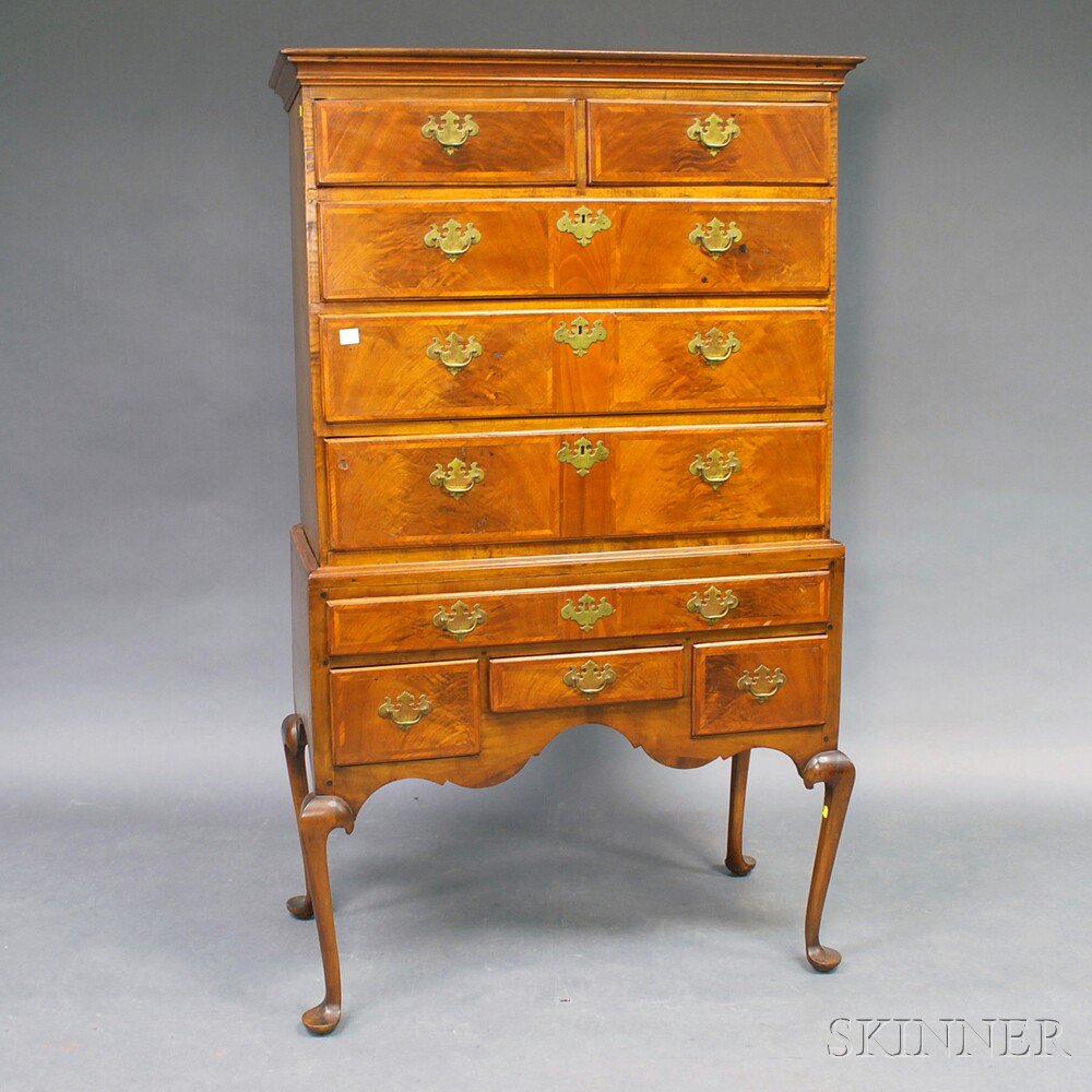 Appraisal: Queen Anne-style Maple and Walnut Veneer High Chest the upper